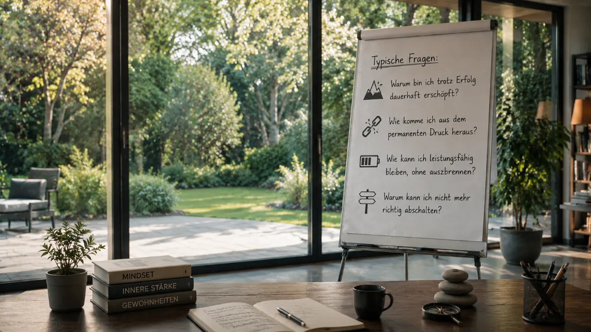 Dein Coach Kai – Executive & Leadership Coaching – Ein Mann sitzt mit dem Rücken zur Kamera an einem Schreibtisch und blickt über ein Flipchart mit deutschem Text hinweg auf große Glasfenster mit Blick auf einen üppig grünen Garten.