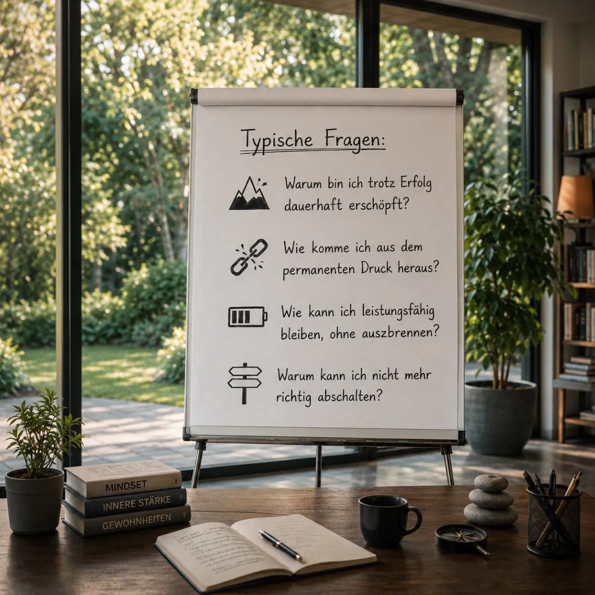 Dein Coach Kai – Executive & Leadership Coaching – Ein Mann sitzt mit dem Rücken zur Kamera an einem Schreibtisch und blickt über ein Flipchart mit deutschem Text hinweg auf große Glasfenster mit Blick auf einen üppig grünen Garten.