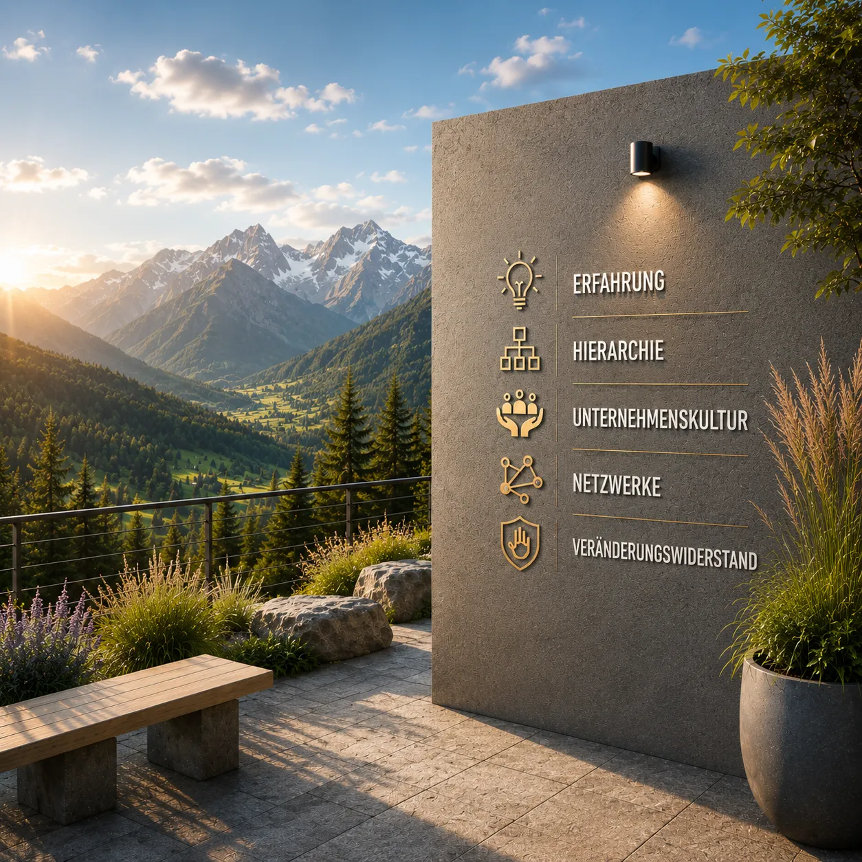 Dein Coach Kai – Executive & Leadership Coaching – Ein nachdenklicher junger Mann steht bei Sonnenuntergang an bodentiefen Bürofenstern, im Hintergrund ist eine Teambesprechung zu sehen.