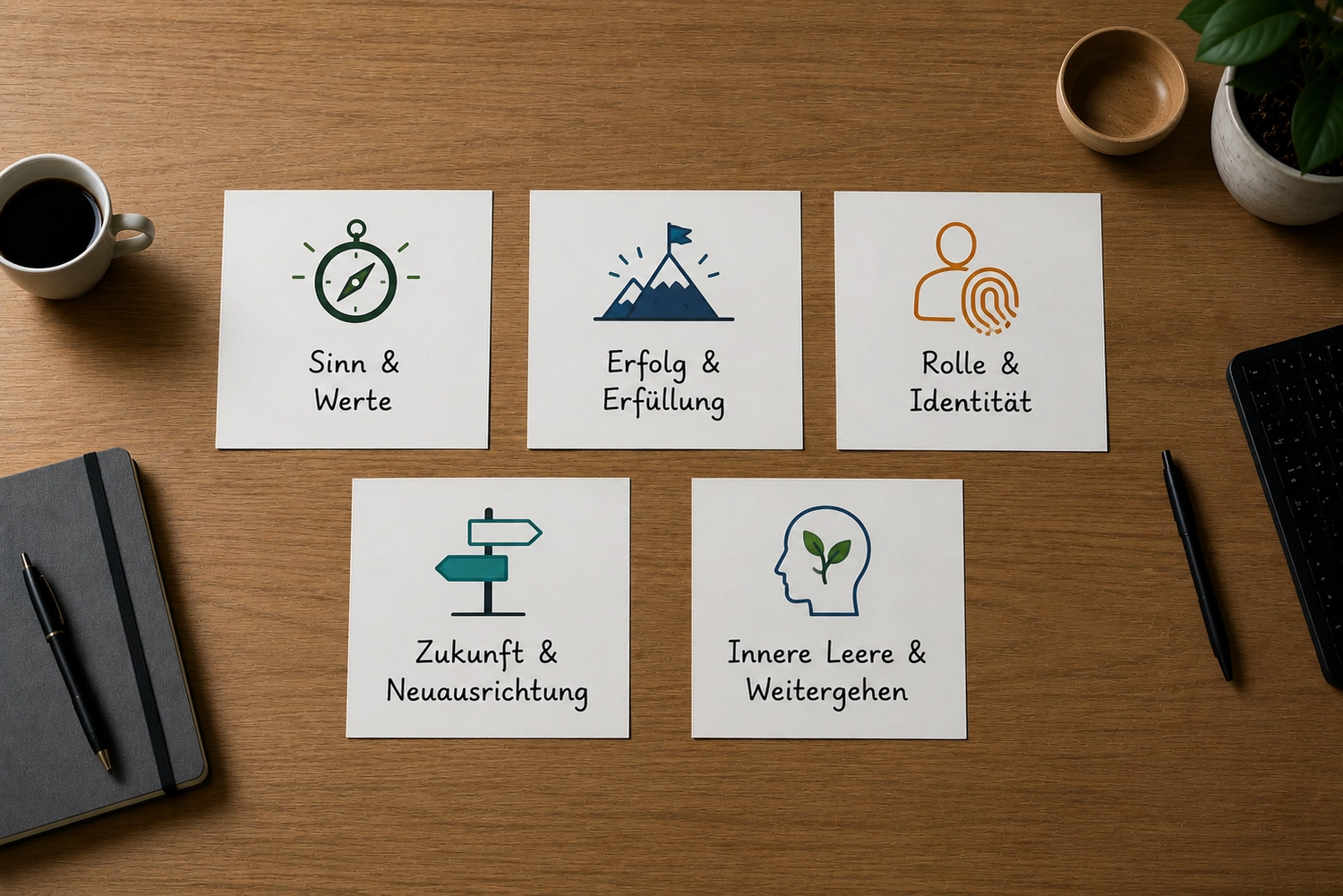 Dein Coach Kai – Executive & Leadership Coaching – Ein Mann sitzt mit dem Rücken zur Kamera an einem Schreibtisch und blickt über ein Flipchart mit deutschem Text hinweg auf große Glasfenster mit Blick auf einen üppig grünen Garten.