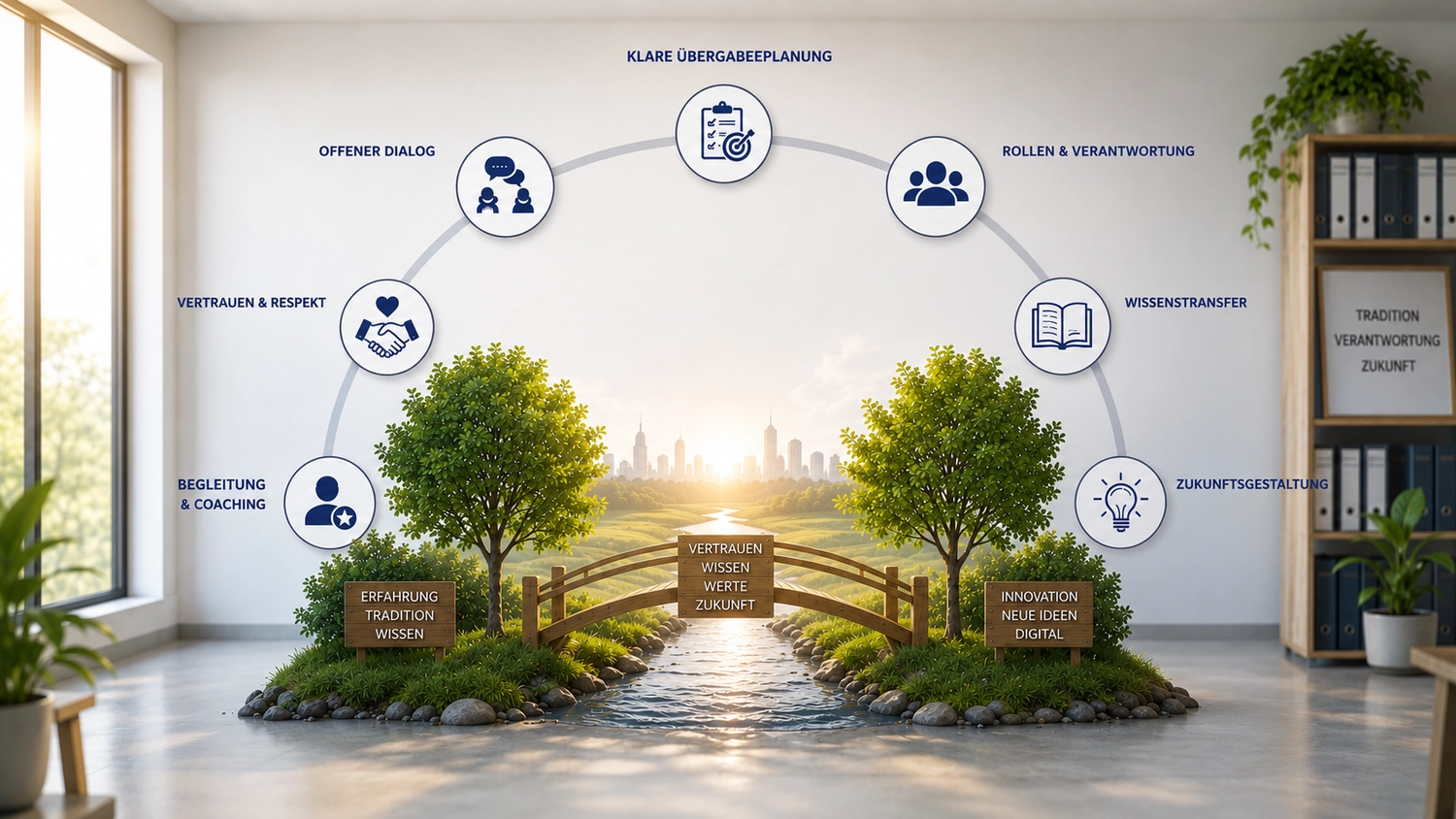 Dein Coach Kai – Executive & Leadership Coaching – Ein Mann sitzt mit dem Rücken zur Kamera an einem Schreibtisch und blickt über ein Flipchart mit deutschem Text hinweg auf große Glasfenster mit Blick auf einen üppig grünen Garten.