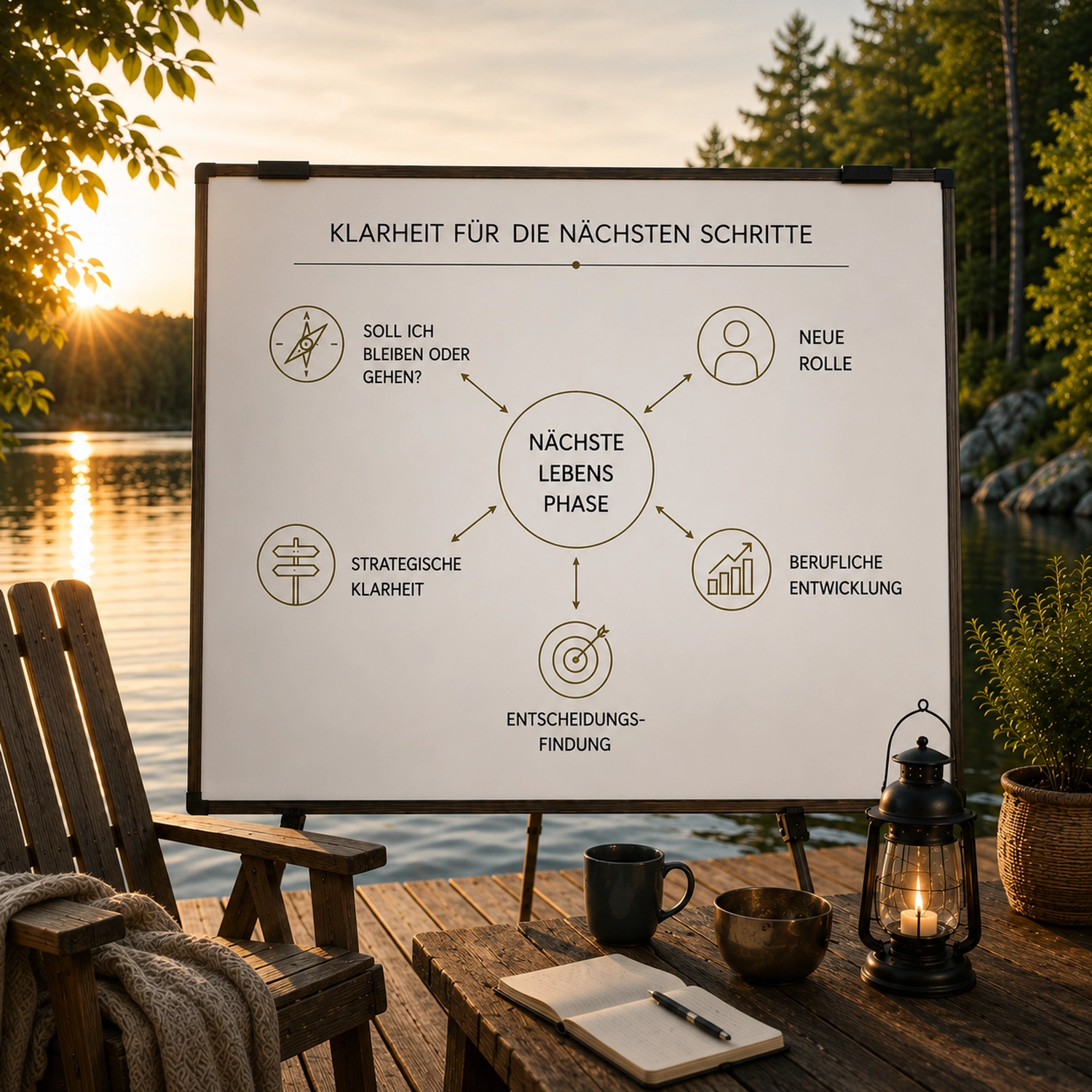 Dein Coach Kai – Executive & Leadership Coaching – Ein Mann in einem modernen Büro mit großen Panoramafenstern betrachtet nachdenklich eine Tafel, auf der Fragen zur Karriereplanung und eine Mindmap in deutscher Sprache angezeigt werden.