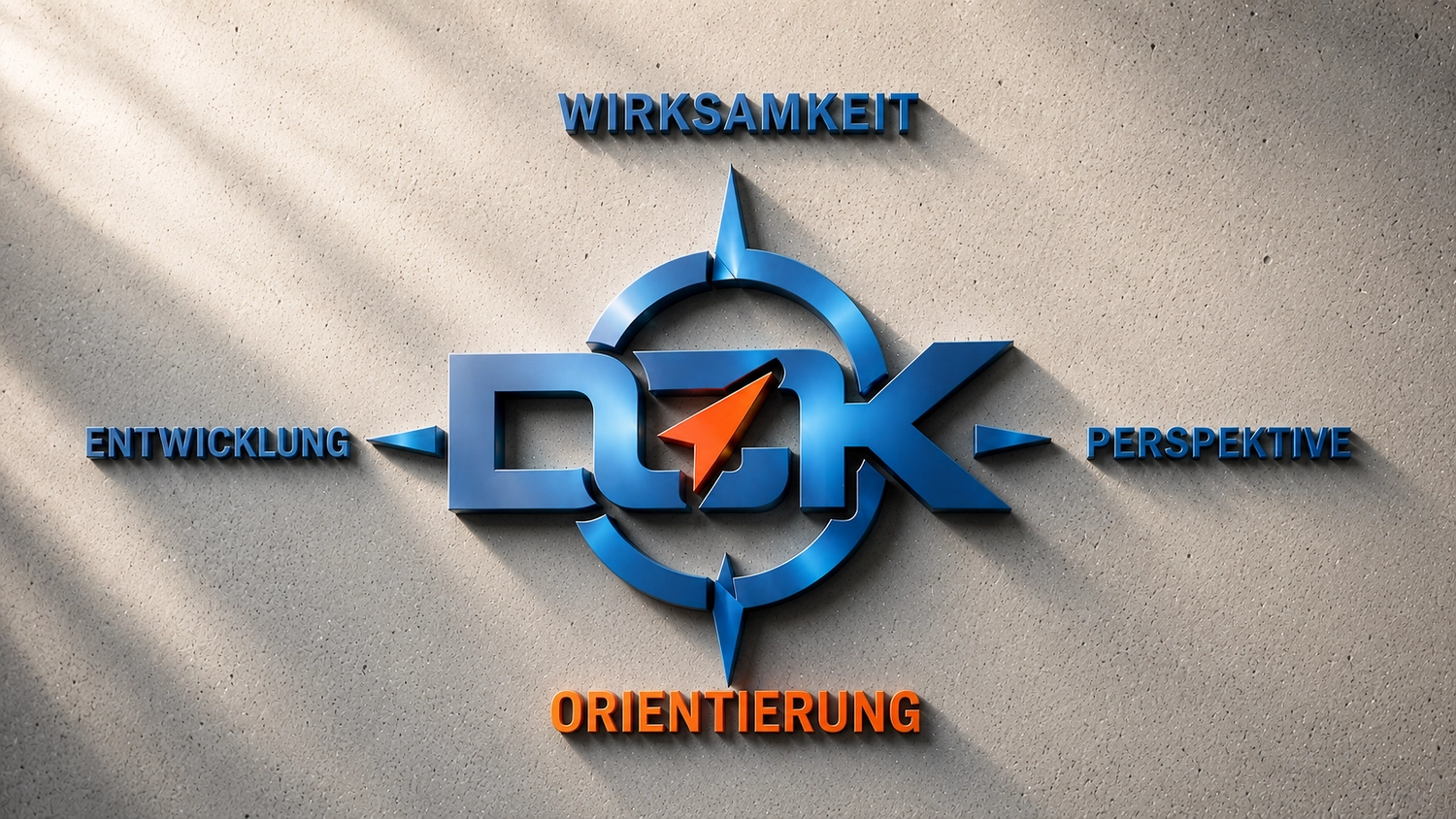 Dein Coach Kai – Executive & Leadership Coaching – Ein blaues, kompassartiges "DZK"-Logo, umgeben von vier deutschen Begriffen, vor einem verblassten, antiken Kompasshintergrund.