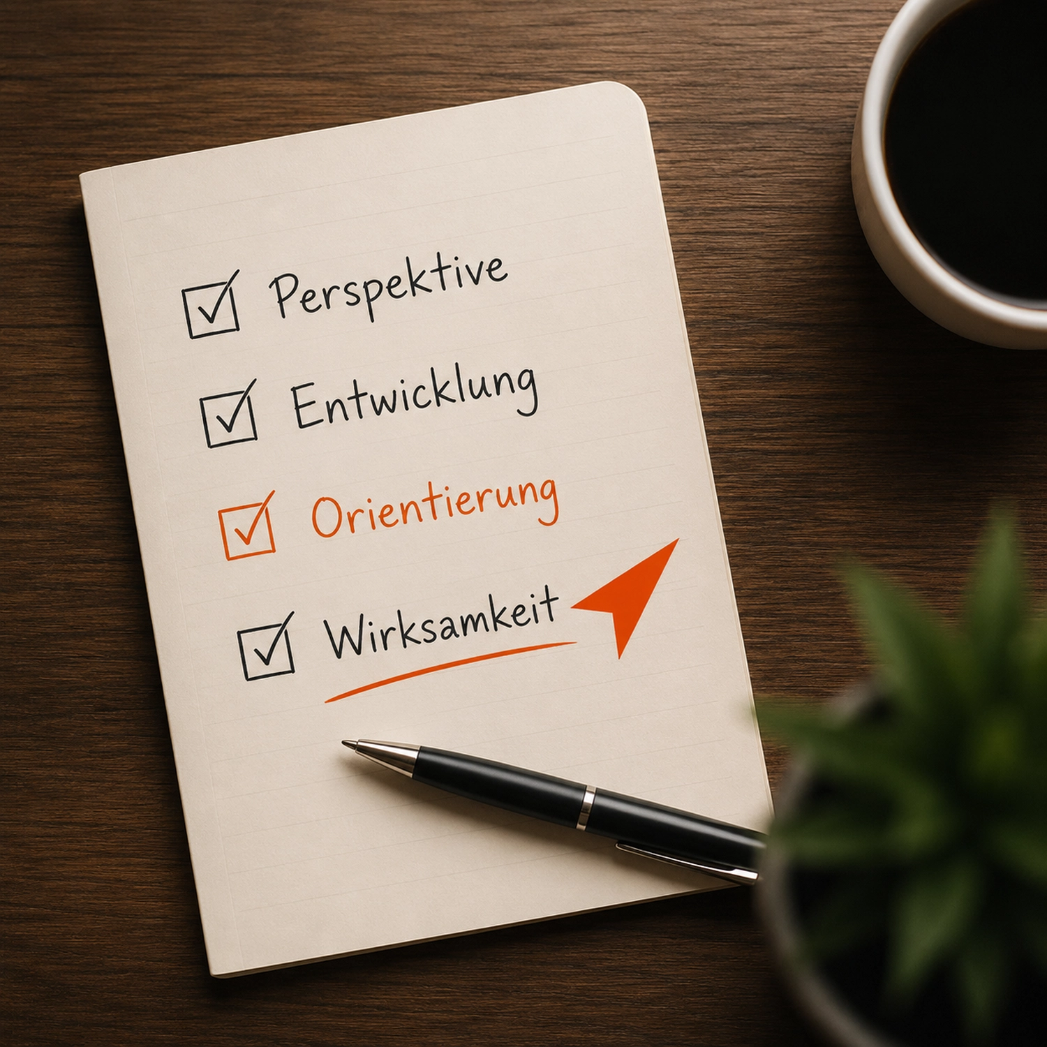 Dein Coach Kai – Executive & Leadership Coaching – Ein Mann sitzt mit dem Rücken zur Kamera an einem Schreibtisch und blickt über ein Flipchart mit deutschem Text hinweg auf große Glasfenster mit Blick auf einen üppig grünen Garten.