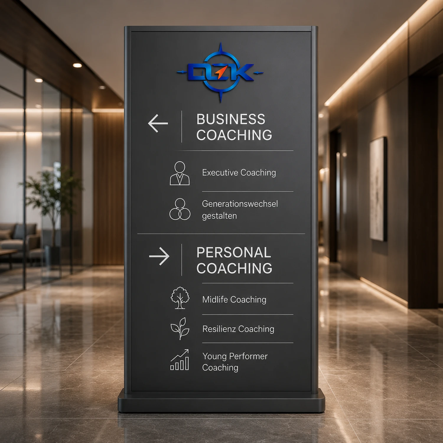 Dein Coach Kai – Executive & Leadership Coaching – Ein Mann sitzt mit dem Rücken zur Kamera an einem Schreibtisch und blickt über ein Flipchart mit deutschem Text hinweg auf große Glasfenster mit Blick auf einen üppig grünen Garten.